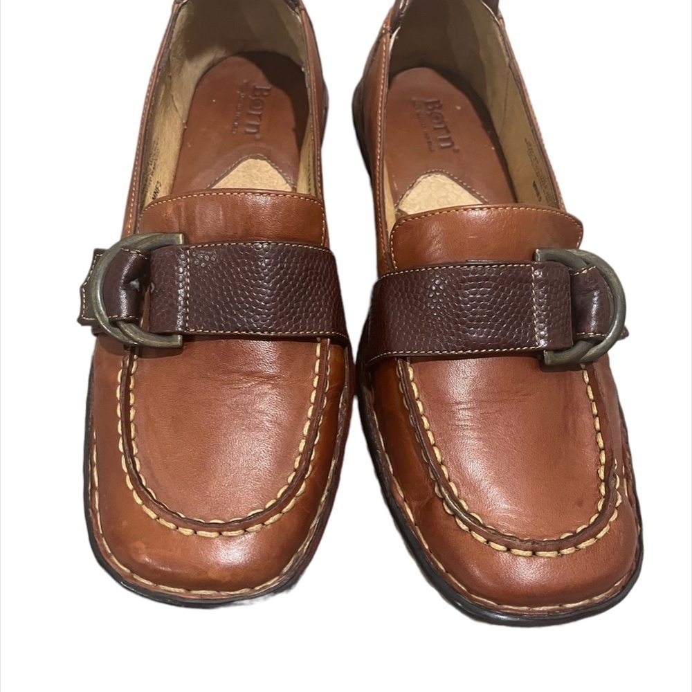 Born Two Tone Brown/Brown Leather Loafers Women's Size 8.5 Buckle Accent Slip On
